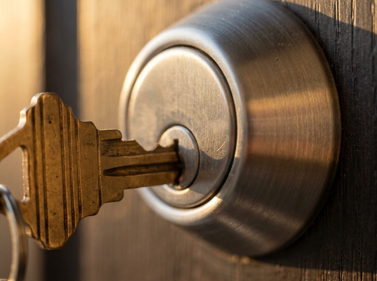 A brass key seated in the cylinder of a polished brass lock.